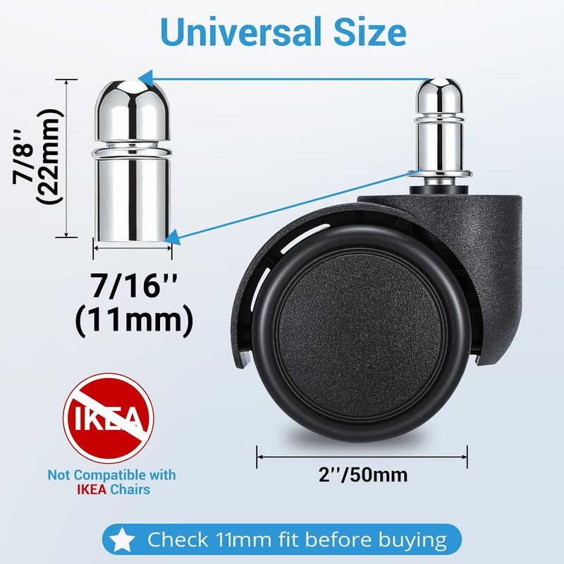 ZKJAYOE 2 Inch Office Chair Casters Wheels Heavy Duty, 5 pcs Chair Wheel Replacement, Mute Rubber Rotating Desk Chair Wheels for All Floor, Smooth & Quiet Caster, Universal Standard Stem Size Fits 99% - Image 2